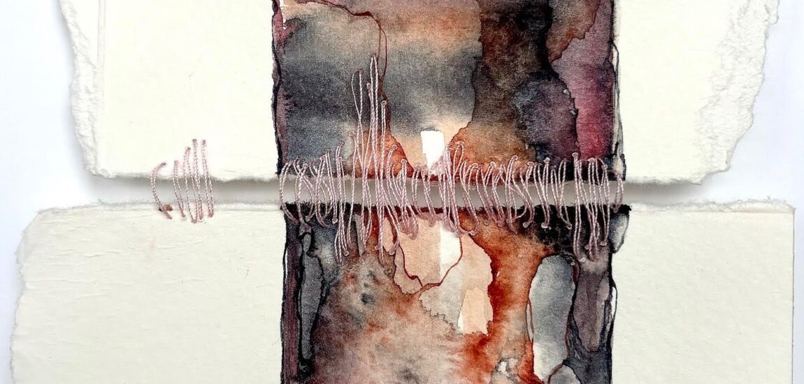 Stitched abstract watercolor on torn paper